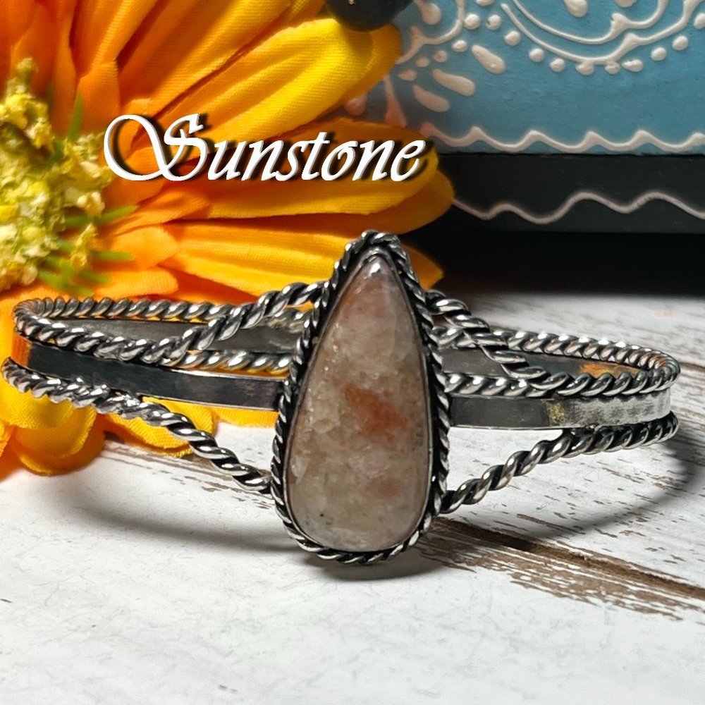 Sunstone Bracelet Cuff Bangle Handmade Gemstone 925 Silver Bohemian Cowboy New!